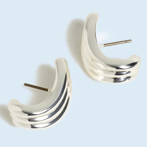 NWT Madewell Ribbed Wavy Statement Earrings Polished Silver Recycled Brass NQ001 - Picture 1 of 8
